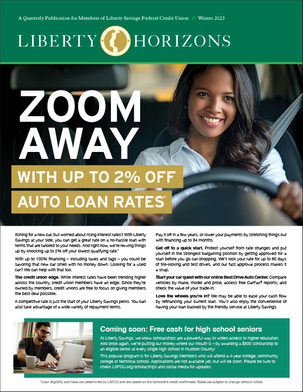 Happy woman driving away in a new car thanks to the Liberty Savings auto loan 2% off special promotion