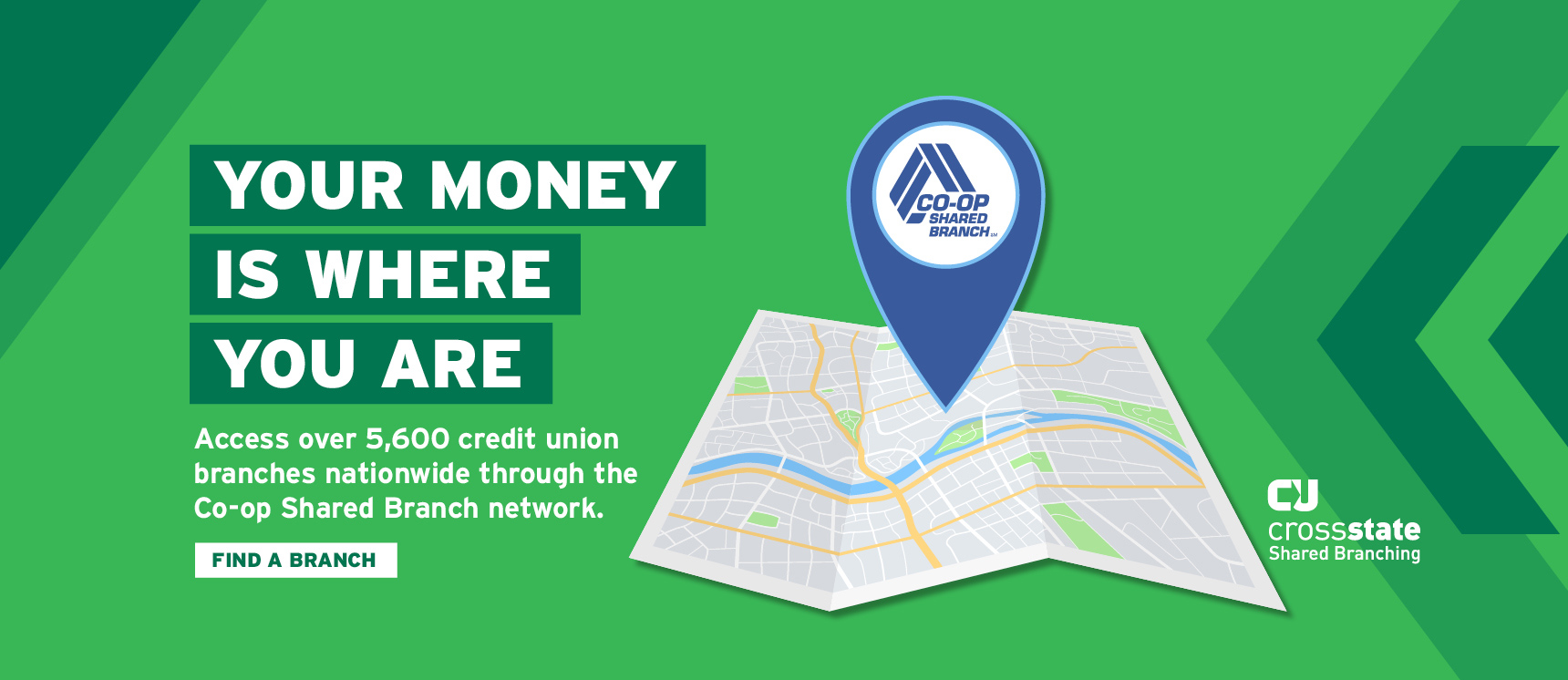 Co-Op Shared Branch promotion with map and pin. Find a shared branch anywhere