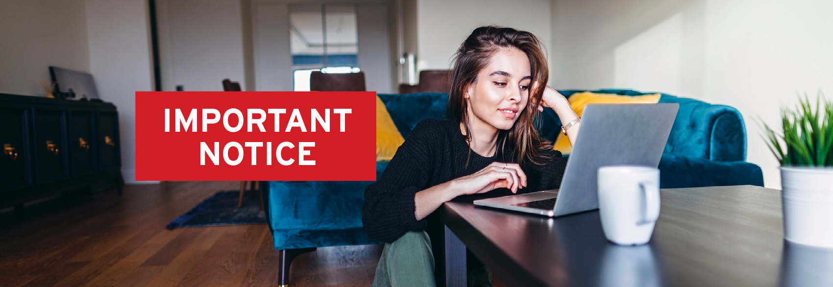 Woman on laptop reading the latest Liberty Savings important notice