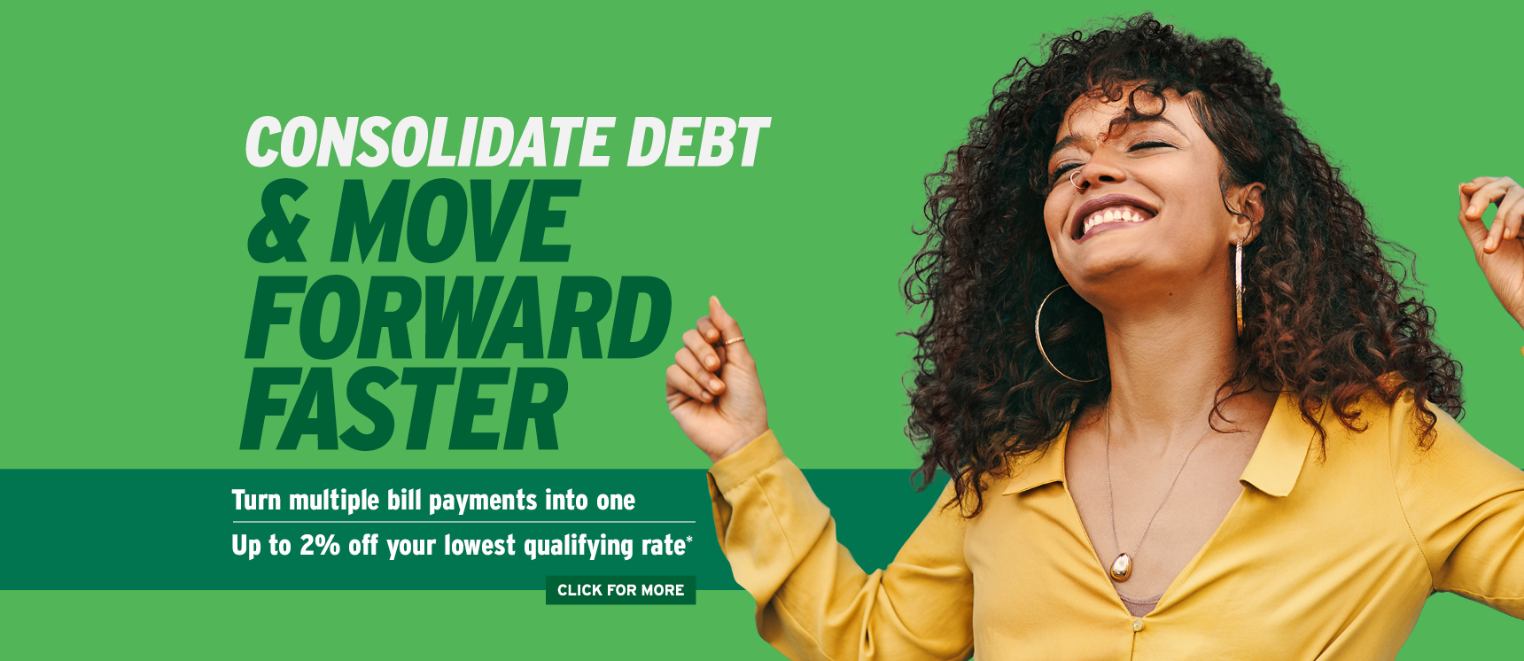 Happy woman dancing who just saved with a new debt consolidation loan