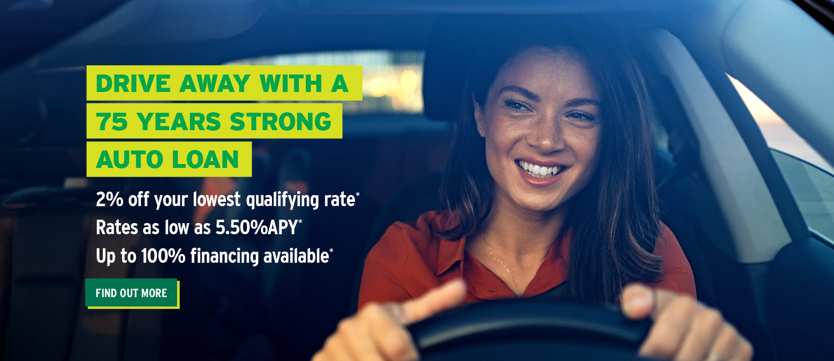 Happy woman driving off in her new car after she just signed on a low rate auto loan