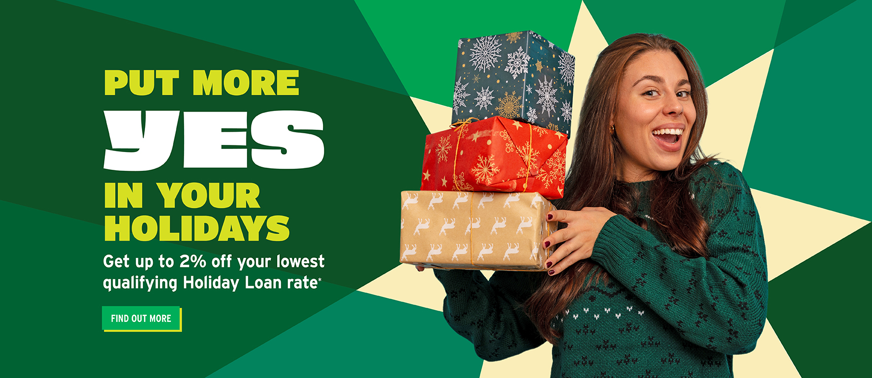 Happy woman with holiday gifts that just claimed her 2% off holiday loan promotion