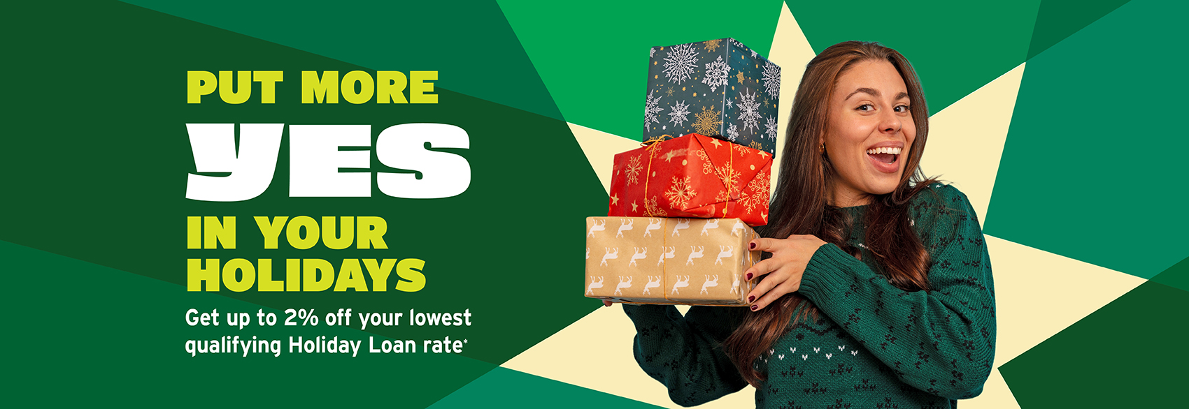 Happy woman on quilt background celebrating the holidays with a special holiday loan